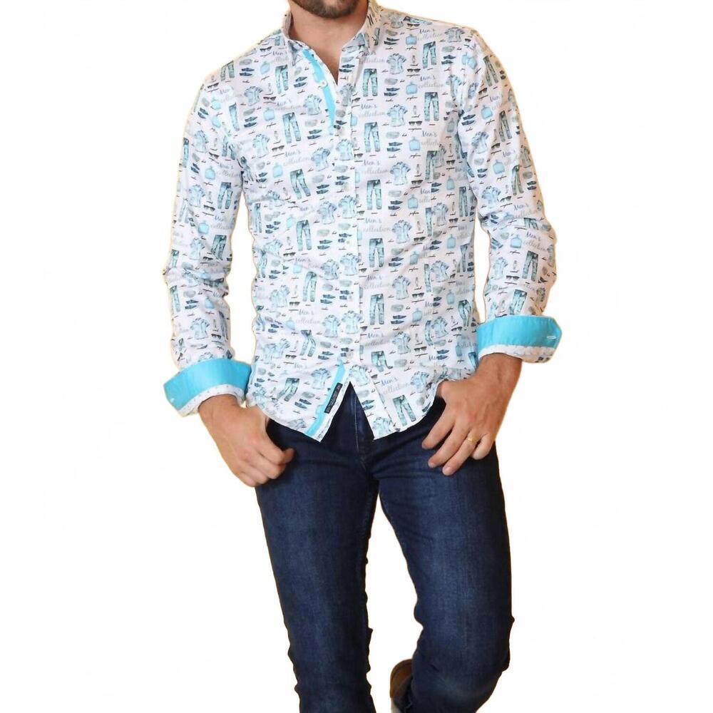 NEW EIGHT X men's collection print button down shirt w/ trim in white